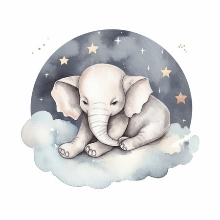 Cute watercolor night elephant. Illustration AI Generativeの素材