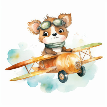 Cute watercolor animal in airplane. Illustration Generative AIの素材
