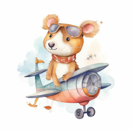 Cute watercolor animal in airplane. Illustration Generative AIの素材