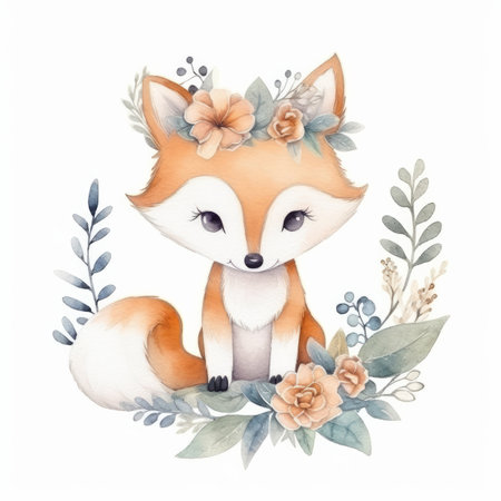 Cute watercolor fox. Illustration Generative AIの素材