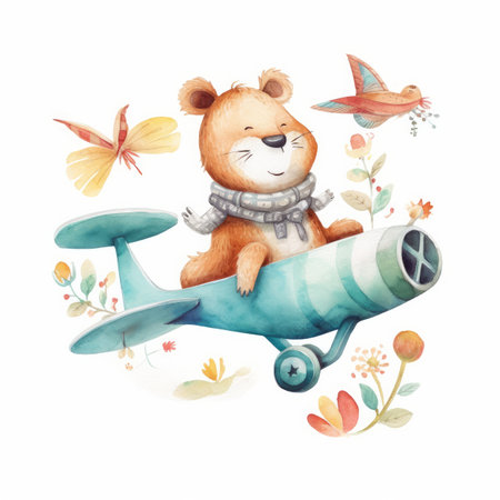 Cute watercolor animal in airplane. Illustration Generative AIの素材