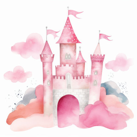 Pink Watercolor Castle Isolated. Illustration Generative AIの素材