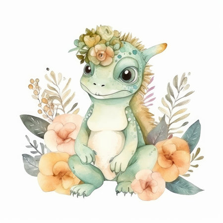 Cute watercolor iguana. Illustration AI Generativeの素材
