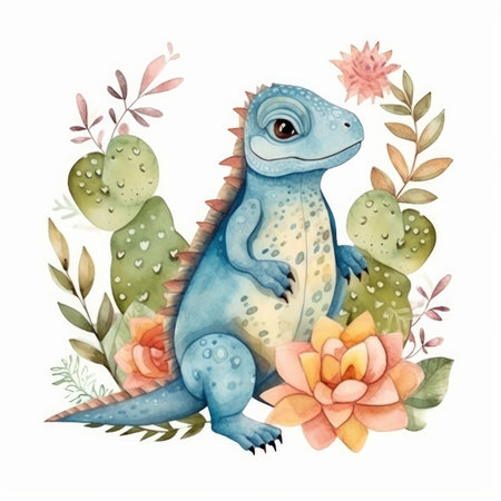 Cute watercolor iguana. Illustration AI Generativeの素材