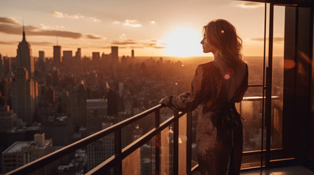 Girl on balcony, Sunset time. Illustration Generative AIの素材