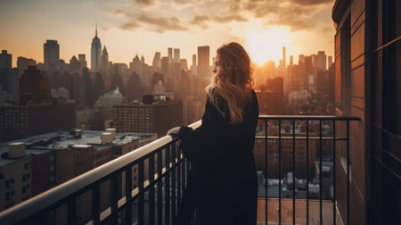 Girl on balcony, Sunset time. Illustration Generative AIの素材