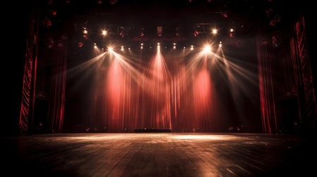 Theater stage with red curtains. Illustration Generative AIの素材