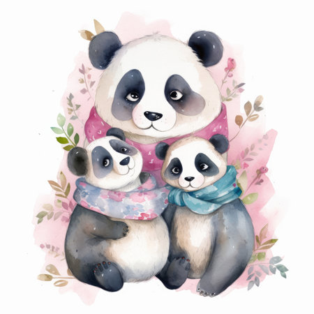 Cute watercolor panda family, Illustration Generative AIの素材