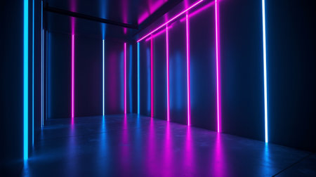 Neon and blue neon beams in the dark room. Illustration Generative AIの素材