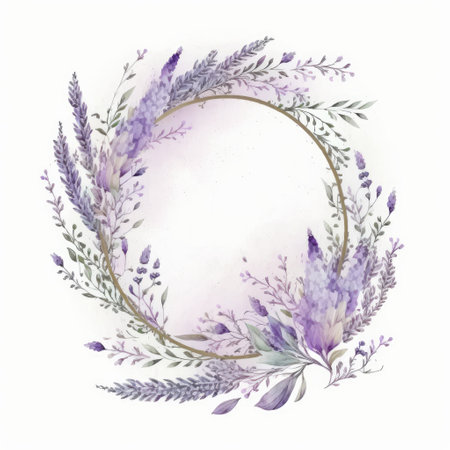 Watercolor wreath with lavender flowers. Illustration Generative AIの素材