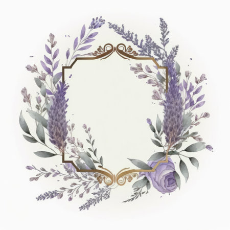 Watercolor wreath with lavender flowers. Illustration Generative AIの素材