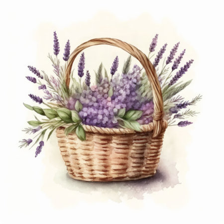 Watercolor lavender flowers in basket. Illustration Generative AIの素材