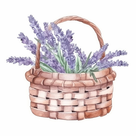 Watercolor lavender flowers in basket. Illustration Generative AIの素材