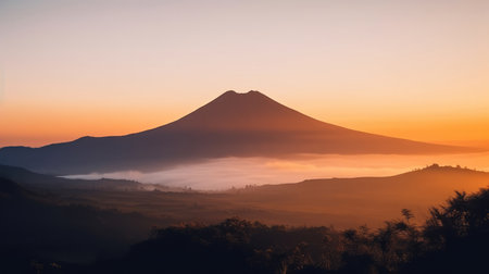 Morning light in volcano island mountain landscape Illustration Generative AIの素材