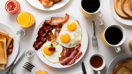Traditional breakfast with eggs. Illustration Generative AIの素材