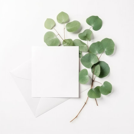 White card mockup with green leaves. Illustration Generative AIの素材