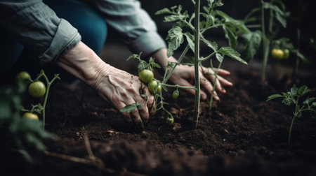 Woman planting tomato. Illustration Generative AIの素材