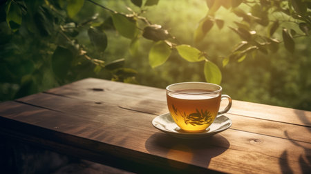 Tea cup on natural background. Illustration Generative AIの素材