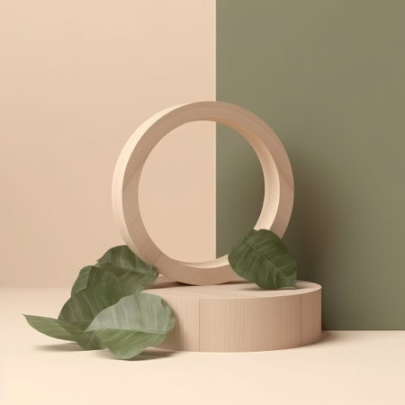 Minimal wooden podium with leaves. Illustration Generative AIの素材