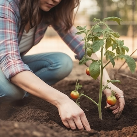 Woman planting tomato. Illustration Generative AIの素材