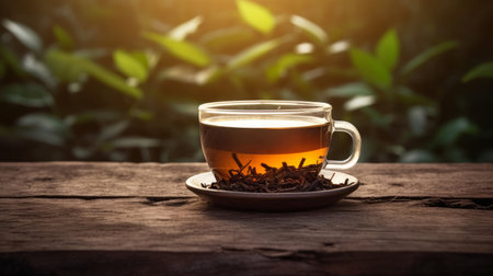 Tea cup on natural background. Illustration Generative AIの素材