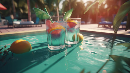 Summer pool party with cocktails. Illustration Generative AIの素材