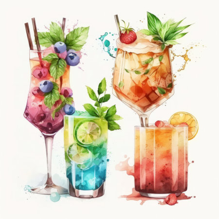 Watercolor summer cocktail. Illustration Generative AIの素材