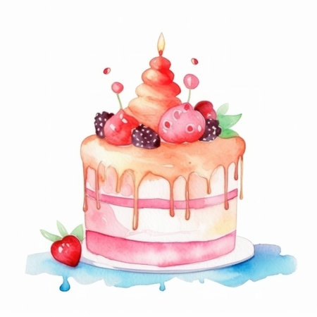 Watercolor Birthday Cake. Illustration Generative AIの素材