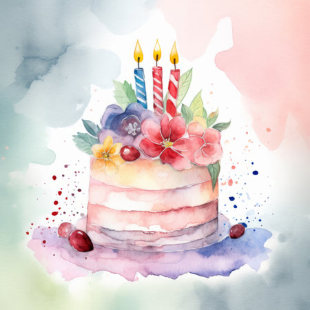 Watercolor Birthday Cake. Illustration Generative AIの素材