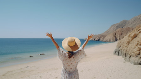 Back view of girl on the beach. Illustration Generative AIの素材