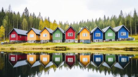 Row of colorful wooden houses. Illustration Generative AIの素材