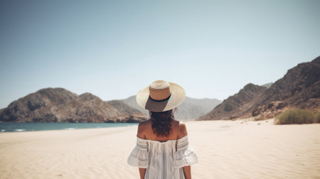 Back view of girl on the beach. Illustration Generative AIの素材