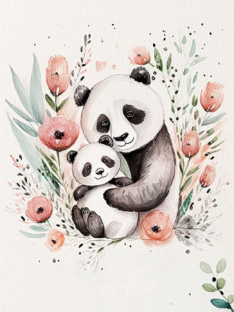 Cute watercolor panda with mom. Illustration Generative AIの素材