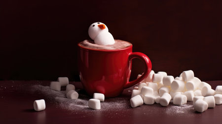 Red hot chocolate mug with melted marshmallows. Illustration Generative AIの素材
