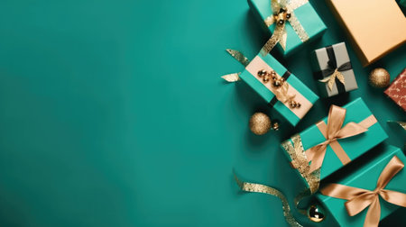 Green background with gift boxes. Illustration Generative AIの素材
