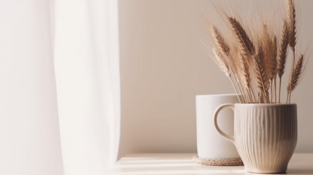 Mug and transparent vase with dry spikelets. Illustration Generative AIの素材