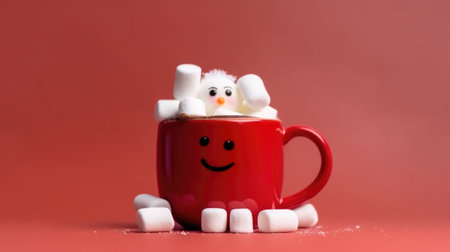 Red hot chocolate mug with melted marshmallows. Illustration Generative AIの素材