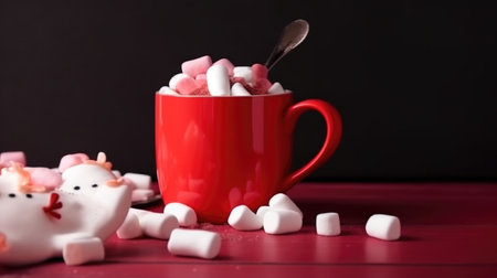 Red hot chocolate mug with melted marshmallows. Illustration Generative AIの素材
