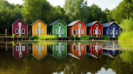 Row of colorful wooden houses. Illustration Generative AIの素材
