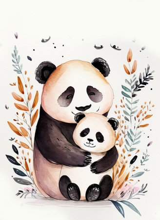 Cute watercolor panda with mom. Illustration Generative AIの素材