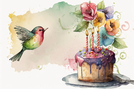Watercolor painted birthday card. Illustration Generative AIの素材