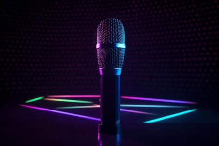 Neon black microphone background. Illustration Generative AIの素材
