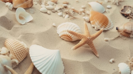 Seashells and starfish on the sand. summer backgroundの素材