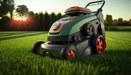 Lawn mover on green grass. Illustration Generative AIの素材