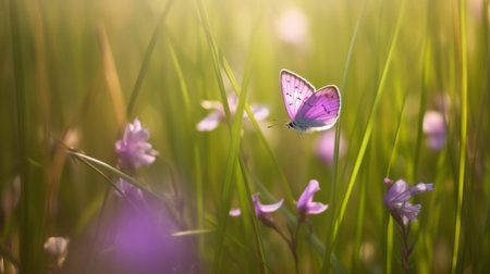 Natural background with butterfly on field. Illustration Generative AIの素材