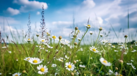 Summer field with daisy flowers. Illustration Generative AIの素材