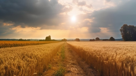 Field of ripe golden wheat in rays of sunlight Illustration Generative AIの素材