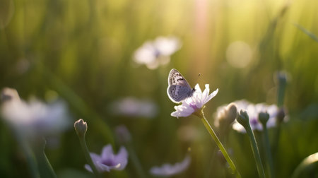 Natural background with butterfly on field. Illustration Generative AIの素材