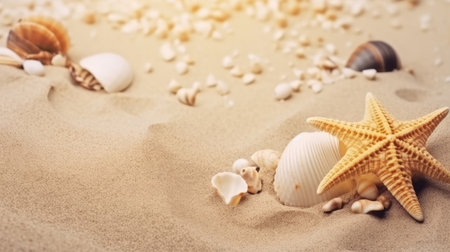 Sandy background with starfish and shells. Illustration Generative AIの素材