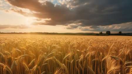 Field of ripe golden wheat in rays of sunlight Illustration Generative AIの素材
